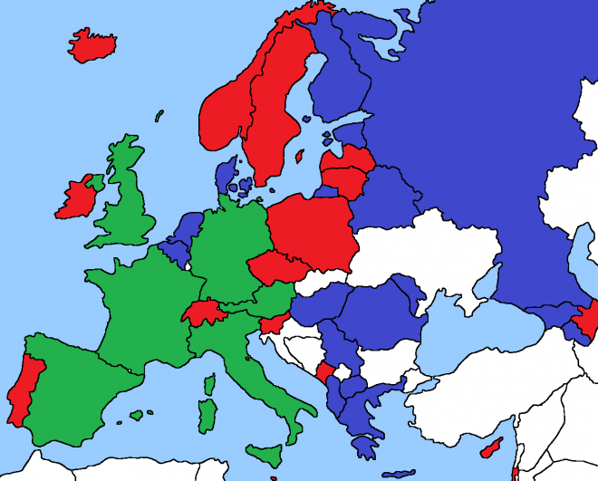Euroviisujen osallistujamaat vuonna 2015. Sinisellä ensimmäisen semifinaalin osallistujamaat ja punaisella toisen semifinaalin osallistujamaat. Automaattisesti finaalin pääsevät EBUn suuret rahoittajamaat sekä isäntämaa Itävalta vihreällä. Myös kartan ulkopuolelle jäävä kunniavieras Australia pääsee automaattisesti finaaliin. 
